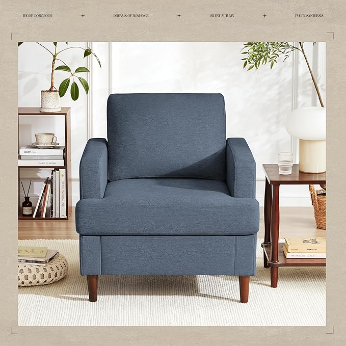 Mid-Century Accent Chair,Modern Linen Fabric Armchair for Living Room,Comfy Upholstered Reading Accent Chairs for Bedroom,Single Sofa Chair with Wood Legs (Blue Grey, 2 Pack)