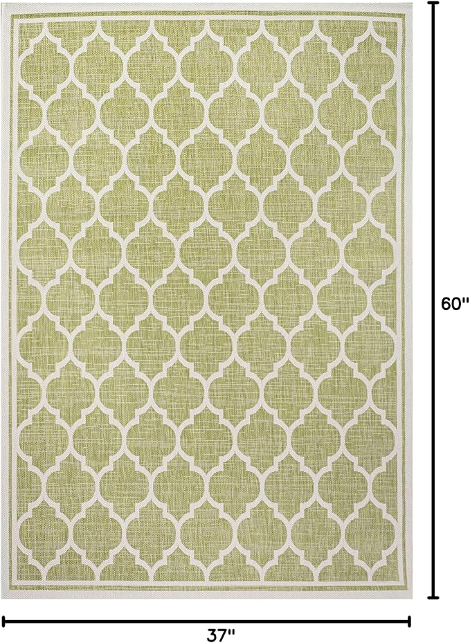 Eyely BMS109G-3 Santa Monica Trebol Moroccan Trellis Textured Weave Indoor/Outdoor Area Rug Coastal;Bohemian, Bedroom, Backyard, Patio, Easy-Cleaning, Non-Shedding, 3 X 5, Green/Cream