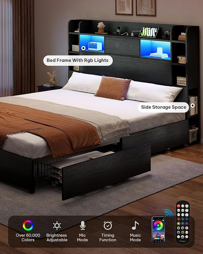 YITAHOME Queen Size Bed Frame with Bookcase Headboard and 4 Storage Drawers, RGB LED Bed Frame with Type-C & USB Charging Station Storage Headboard Bed, No Box Spring Needed, Noise Free, Black