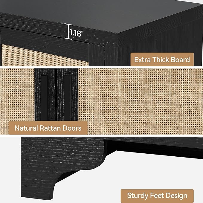 GAOMON TV Stand for TVs Up to 70'', Natural Rattan Entertainment Center with Storage Cabinets, Boho Media Console Table for Living Room, Farmhouse Cabinet, Black