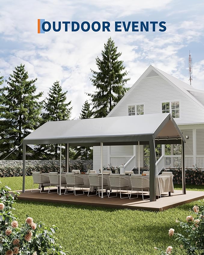 Garvee 10x20 Heavy Duty Carport, Galvanized Steel Outdoor Car Canopy with UV-Resistant & Water-Resistant PE Cover, Portable Garage for SUV, Truck, Boat, Grey