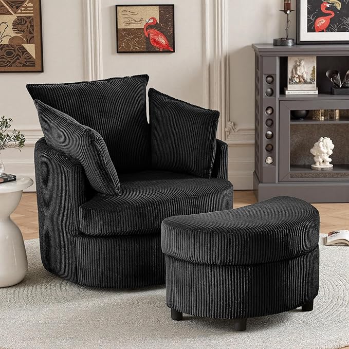Swivel Accent Chair with Ottoman Comfy Reading Chairs for Bedroom Modern Corduroy Arm Chair 360°Swivel Barrel Chairs for Living Room,Apartment (Black, 1)
