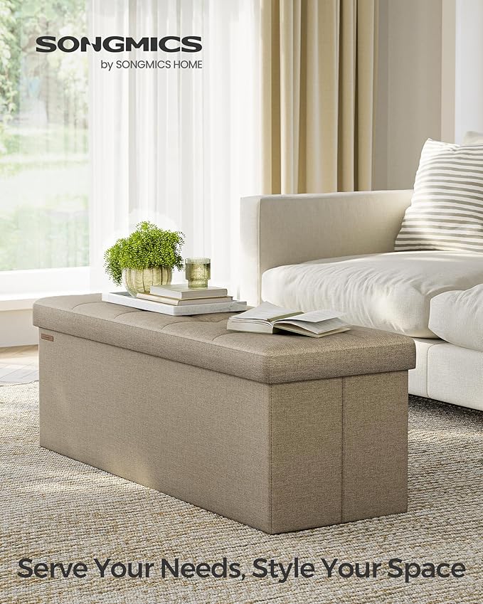 SONGMICS MAZIE Collection - 43 Inches Folding Storage Ottoman Bench, Ottoman Foot Rest, End of Bed Bench, Storage Chest, Load 660 lb, for Living Room, Bedroom, Entryway, Camel Brown ULSF077R01