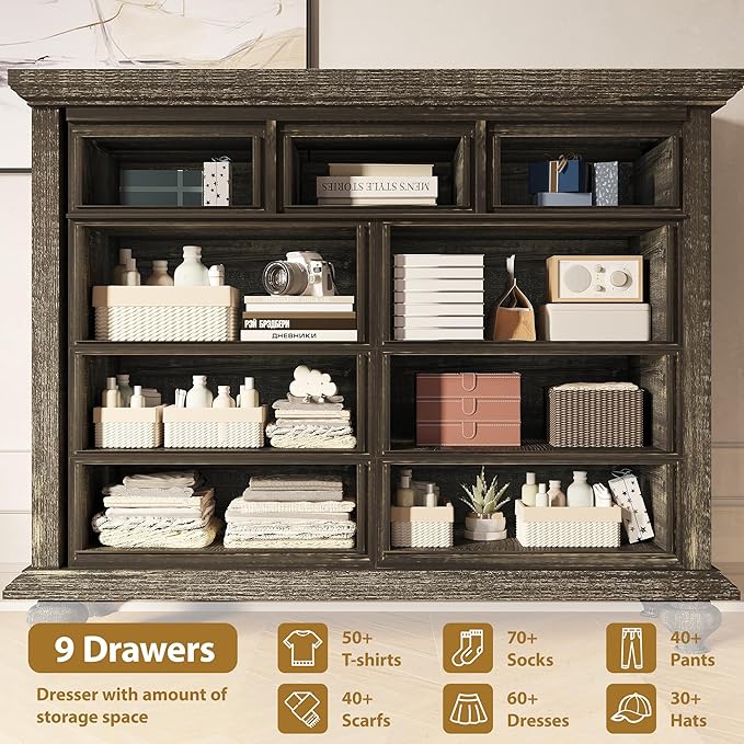 GAOMON 9 Drawers Dresser for Bedroom, Wooden Chest of Drawer with Large Drawers & Metal Handles for Bedroom, Living Room, Hallway, Black
