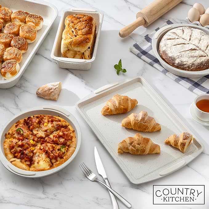 Country Kitchen Nonstick Stackable Bakeware Set - Durable, Easy Release Baking Set, Cream, 14 Pcs