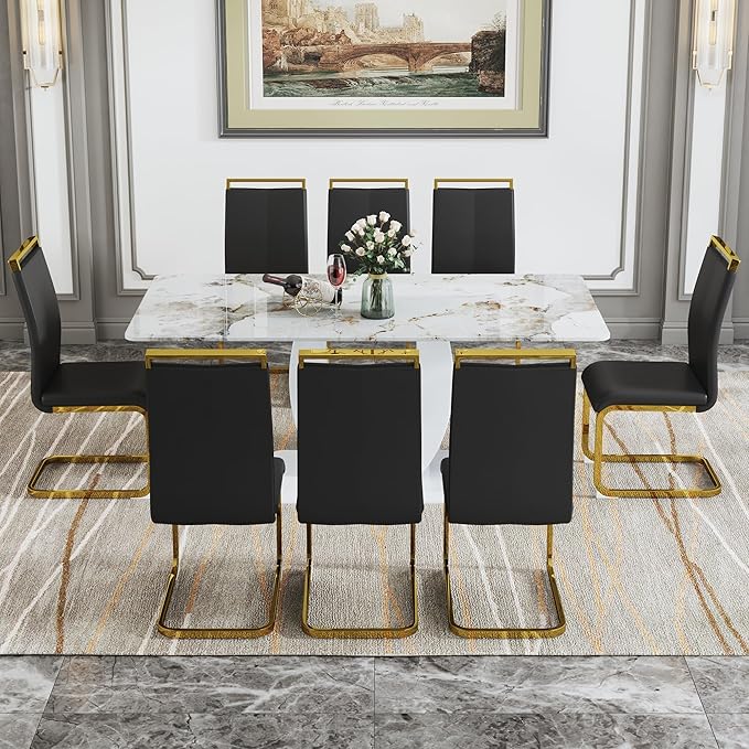 Dining Table Set for 8, Kitchen Table Chairs Set of 8, Modern Dining Room Set with 71" Marble Dinner Table PU Leather Upholstered Chairs for Kitchen