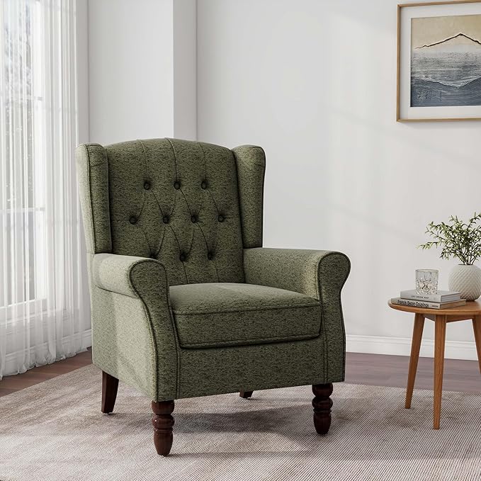 Accent Chair, Upholstered Armchair with Button Tufted High Back & Solid Wood Legs, Comfy Wingback Reading Single Sofa Chair for Small Spaces, Living Room, Bedroom (Green, Set of 1)