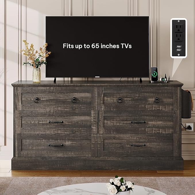 DWVO Farmhouse 6 Drawers Dresser, 59" Wide Wood Rustic Chest of Drawers with Nice Texture, Vintage Design, Storage Dressers Organizer for Living Room, Hallway, Dark Rustic Oak