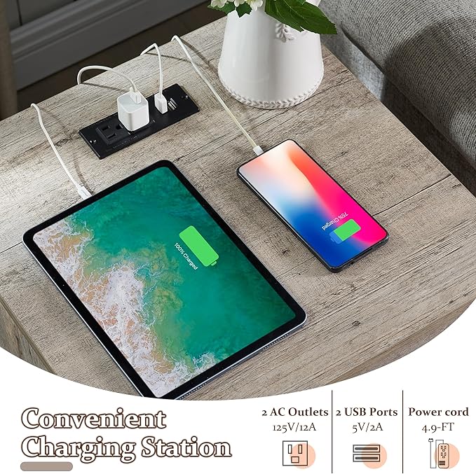 T4TREAM Farmhouse Nightstand Set of 2 with Charging Station, Rustic End Table with 2 Drawers, Storage Open Shelf for Bedroom, Living Room, Wood Side Table, Light Rustic Oak