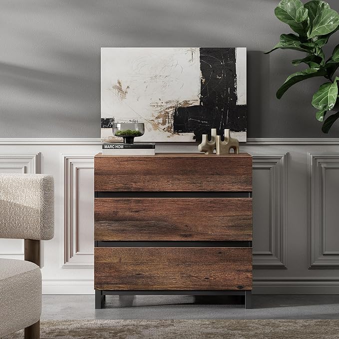 WAMPAT Dresser for Bedroom, Closet Organizers and Storage with 3 Drawers, Chest of Drawers with Metal Base, Modern Wood Dresser for Living Room, Hallway, Entryway, Brown
