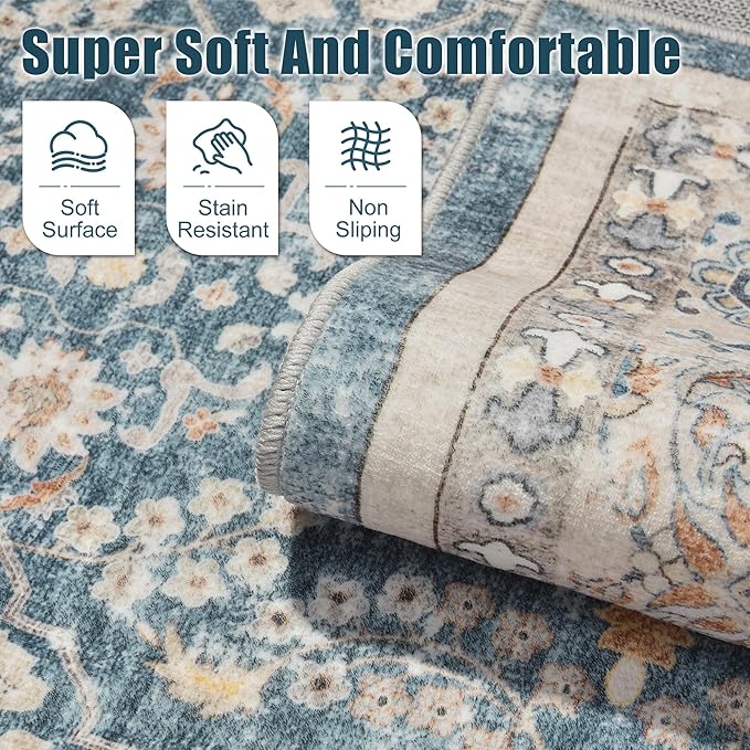 Area Rugs for Living Room: 8x10 Washable Rug Vintage Boho Floral Print - Ultra Thin Stain Resistant Large Soft Non Slip Foldable Carpets for Bedroom Dining Room Office Nursery - Blue