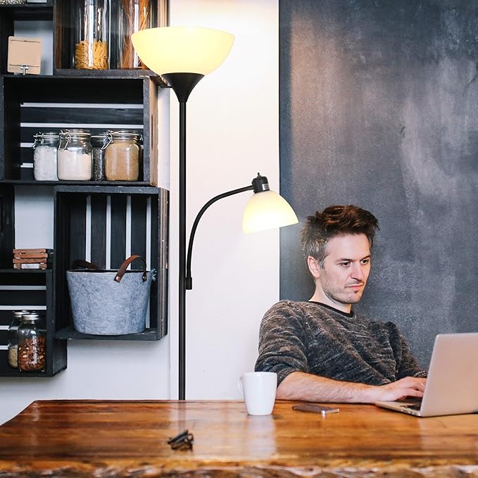 Brightech Sky Dome Plus LED Floor lamp, Torchiere Super Bright Floor Lamp with Reading Lamp for Living Rooms & Offices - Dimmable Tall Standing Lamp for Bedroom Reading - Black