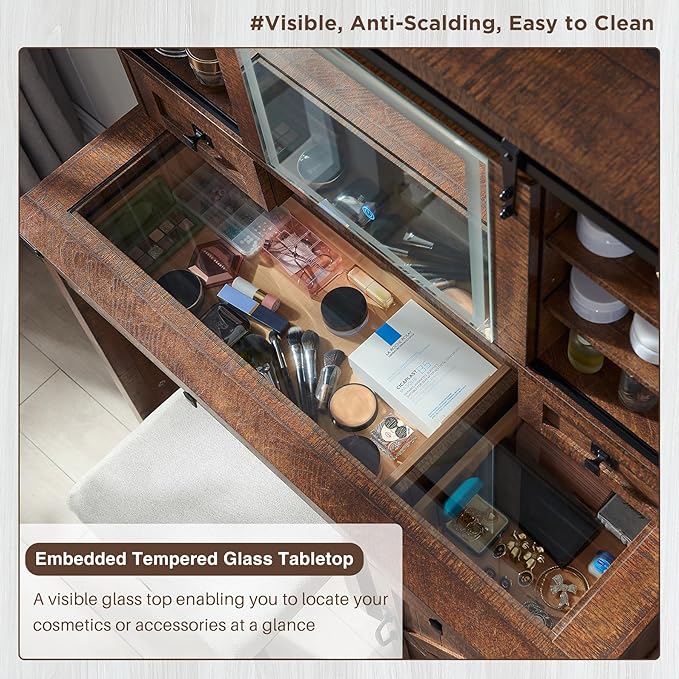 T4TREAM Farmhouse Makeup Vanity Desk with Sliding Mirror and Lights, 42'' Glass Tabletop Vanity Table with 2 Drawers & Shelves, Rustic Large Vanity Set for Bedroom, Reclaimed Barnwood