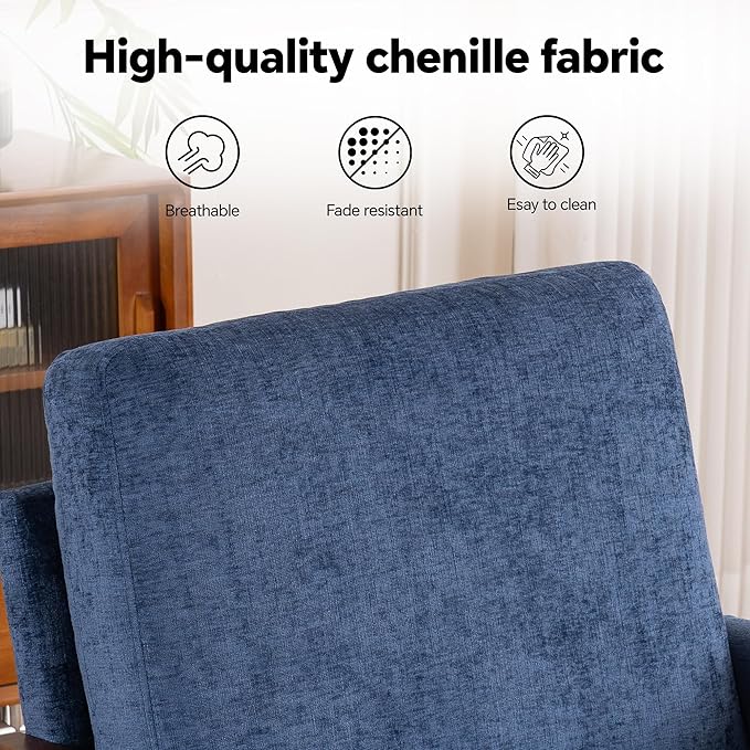 Mid Century Modern Accent Chair with Wood Frame, Upholstered Living Room Chairs with Wide Armrest, Chenille Fabric Lounge Reading Arm Chair for Bedroom, Reading Room, Balcony, Navy