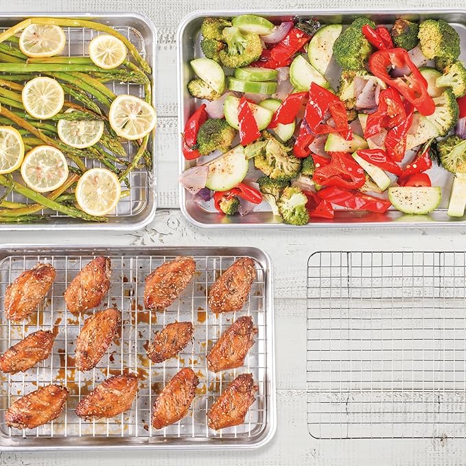 Baker's Secret 4pcs Set, 2x Baking Trays for Oven, 100% Recycled Aluminum, Non Toxic, Bakeware Set Cookie Sheet 13.6" with 2x Stainless Steel Rack Never Rust - The Natural Aluminum Collection