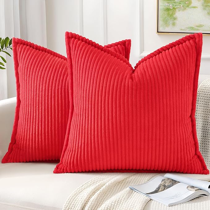 Mecatny Corduroy Throw Pillow Covers 16x16 Set of 2, Neutral Decorative Soft Boho Couch Pillow Covers with Broadside for Sofa Living Room, Red
