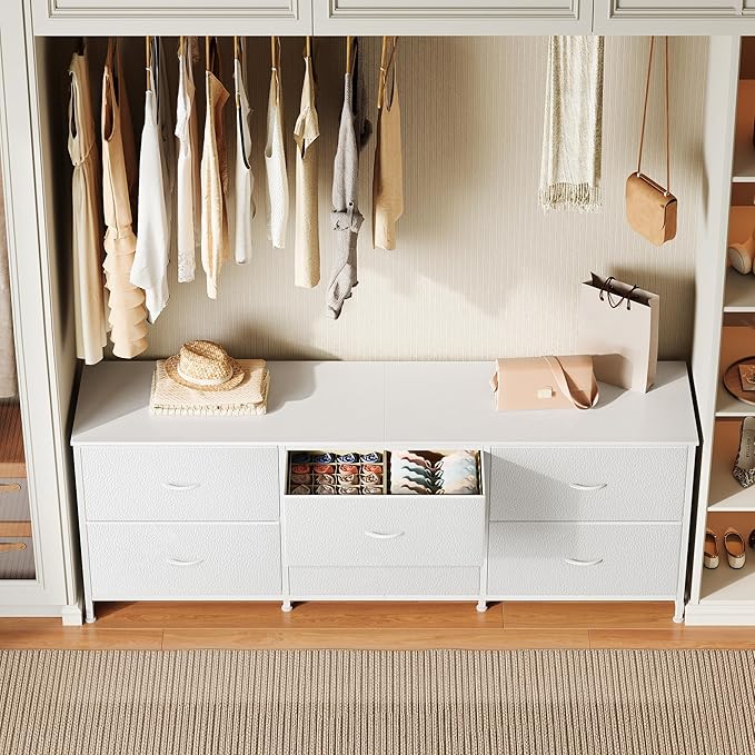 Huuger 63 Inch Long Dresser for Bedroom, Wide TV Stand for 55, 65, 70 Inch TV, 6 Drawer Dresser for Closet with Fabric Drawers, Storage Organizer for Bedroom, Entryway, PU Leather, White