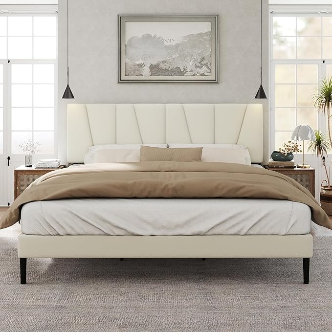 Full Size Bed Frame with Fabric Upholstered Headboard, Platform Bed with Wooden Slats Support, Fully Mattress Foundation, Box Spring Optional, Easy Assembly