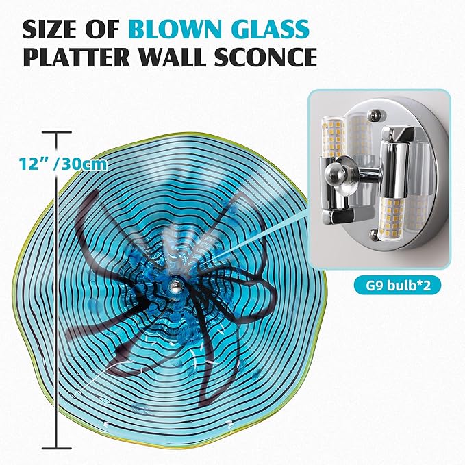 Hand Blown Glass Plate Wall Decor, Modern Unique Glass Wall Art, Lotus Leaf Wall Plate Shape Wall Sconce with Transparent and Easy to Clean for Staircase, Living Room, Kitchen, Hallway (Blue-3)