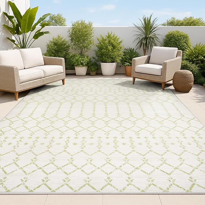 JONATHAN Y Moroccan Geometric Indoor Outdoor Area Rug 4X6 Cream/Green, Ourika Textured Weave for Backyard, Patio, Porch, Easy-Cleaning, High Traffic, Pet-Friendly, Non-Shedding (SMB108M-4)