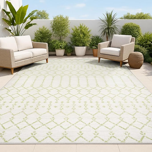 JONATHAN Y Moroccan Geometric Indoor Outdoor Area Rug 4X6 Cream/Green, Ourika Textured Weave for Backyard, Patio, Porch, Easy-Cleaning, High Traffic, Pet-Friendly, Non-Shedding (SMB108M-4)