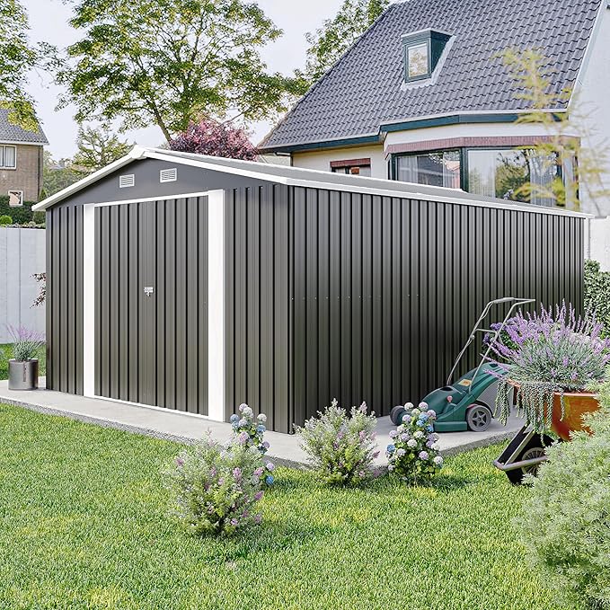 10 x 14 FT Outdoor Storage Shed, Metal Garden Tool Shed with Slooping Roof, Lockable Doors, All-Weather Bike Shed Easy to Assemble for Backyard, Patio, Lawn, Black+Grey