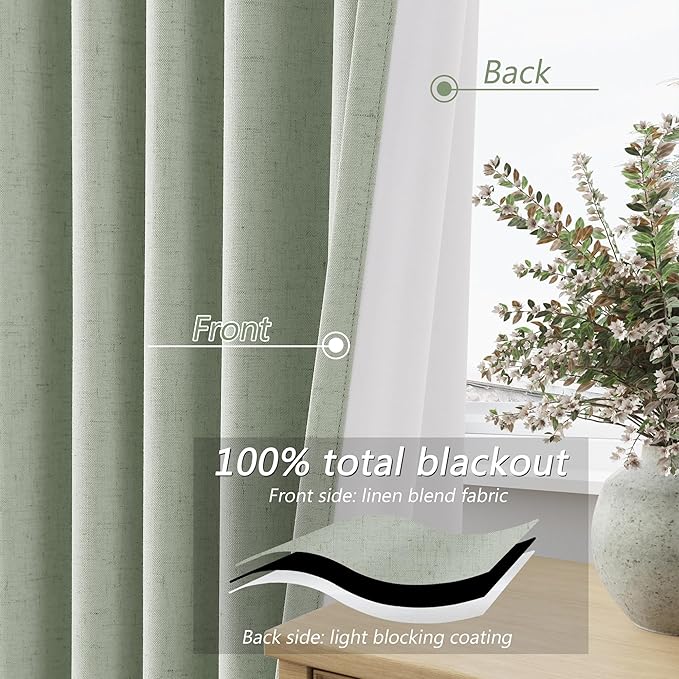 Guken Blackout Curtains 96 Inch Length 2 Panels Set for Living Room Bedroom Back Tab Thermal Insulated 100% Black Out Linen Drapes Room Darkening Window Curtains 96 Inches Long,Mist Sage