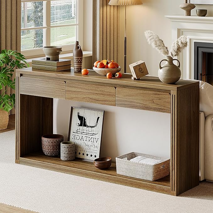 Treocho 63.9" Long Console Tables for Entryway, Farmhouse Entryway Table with Drawers, Narrow Sofa Table Behind Couch Table for Living Room, Entrance, Hallway, Walnut