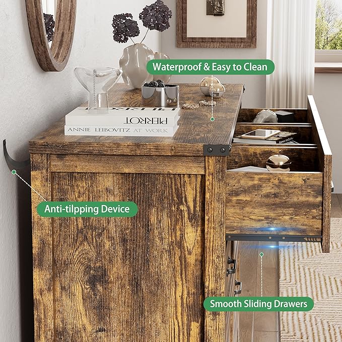 Dresser for Bedroom with 7 Drawers, 48" Wide Wood Chest of Drawers with Deep Drawers & Mental Handle, Modern Dresser TV Stand, Wooden Closet Storage Organizer for Living Room, Hallway, Entryway, Brown