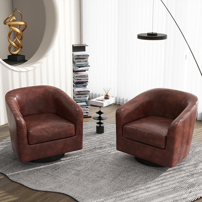 Swivel Barrel Accent Chair, Modern Round Faux Leather Arm Chair for Living Room, Bedroom, Comfy Club Reading Chairs for Adults(Faux Leather, Red Brown, Set of 1)