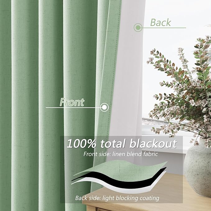 Guken Blackout Curtains 120 Inch Length 2 Panels Set for Living Room Bedroom Back Tab Thermal Insulated 100% Black Out Linen Drapes Room Darkening Window Curtains 120 Inches Long,Aqua Green