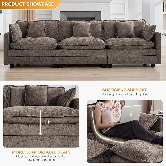 111'' Sectional Cloud Deep Seat Couch, Modern Comfy Chenille Modular Sectional Sofa for Living Room Set, Upholstered Modular 3-Seats Sofa Couch, Brown