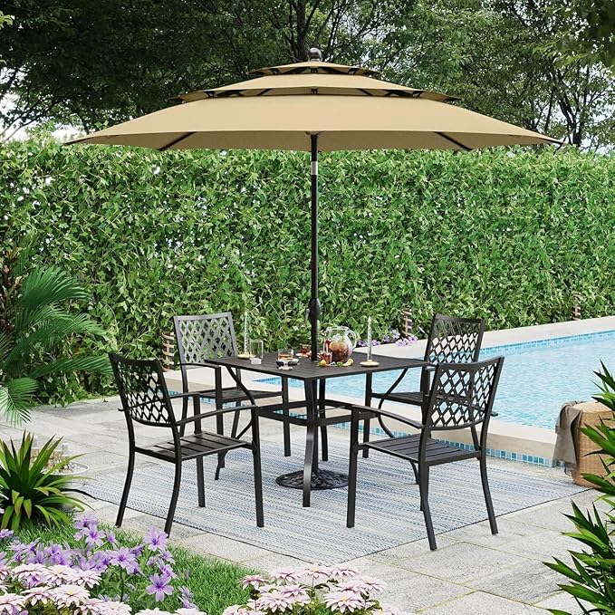 PHI VILLA 5-Piece Metal Patio Outdoor Table and Chairs Outdoor Dining Set - 37" Square Patio Table w/1.57" Umbrella Hole and 4 Backyard Garden Chairs