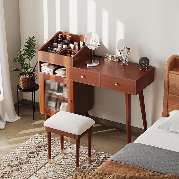 43.9" Modern Vanity Desk, Minimalist Makeup Vanity Table with Drawers, Cabinet & Chairging Port,Fabric Small Stool, Space-Saving Dressing Table Set for Bedroom Apartment Home Small Space