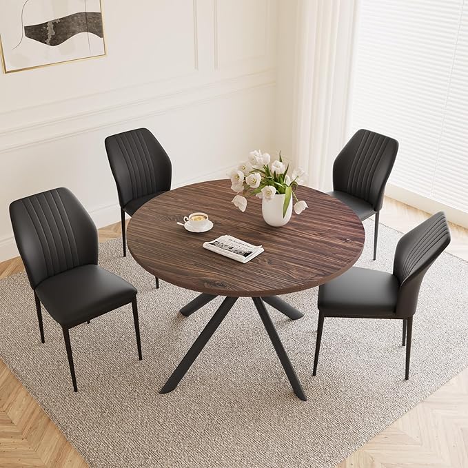 45.3'' Walnut Round Dining Table Set for 4, Mid Century Modern Small Coffee Set for Dining Room Kitchen Apartment (Walnut Table + 4 Black Chairs)