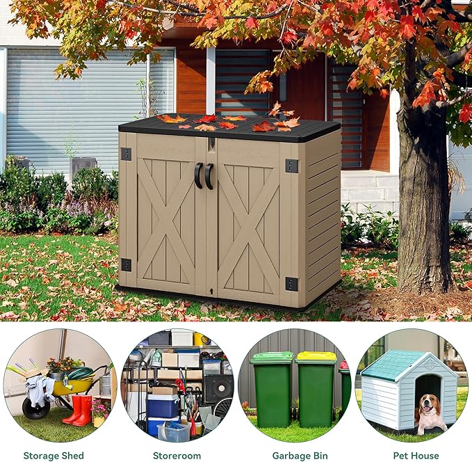 YITAHOME Outdoor Horizontal Storage Shed with X-Shaped Lockable Door, 35 Cu Ft Weatherproof Resin Tool Shed w/o Shelf, Ideal for Bike, Trash Cans, Garden Tools, Lawn Mowers, Brown