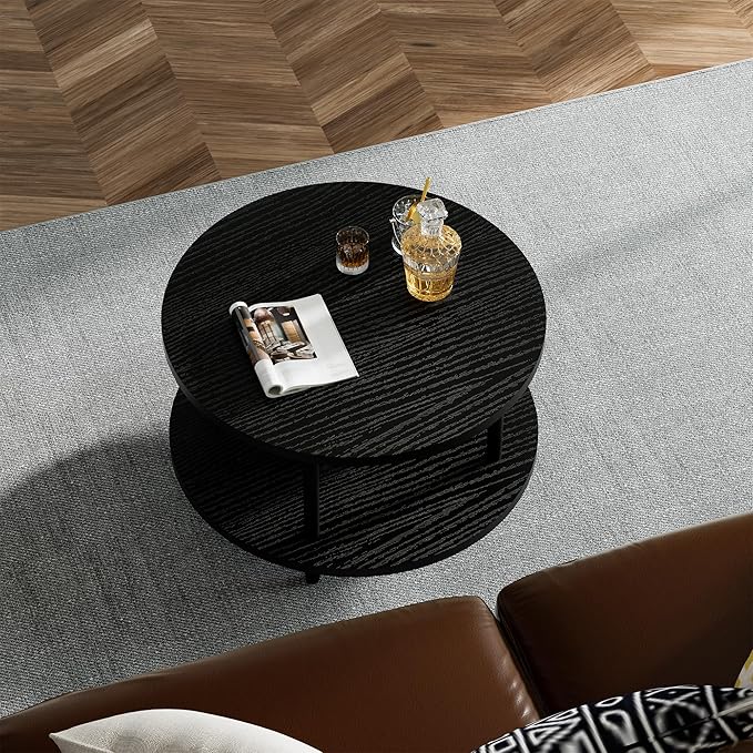 Round Coffee Table, 23.6" Circle Coffee Table for Living Room, 2-Tier Wood Accent Center Table with Open Storage Industrial Design Home Furniture, Black