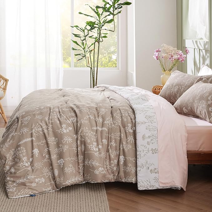 Bedsure King Comforter Set - Light Taupe Bed Set, 3 Pieces Cute Floral Bedding, 1 Soft Reversible Botanical Flowers Comforter and 2 Pillow Shams