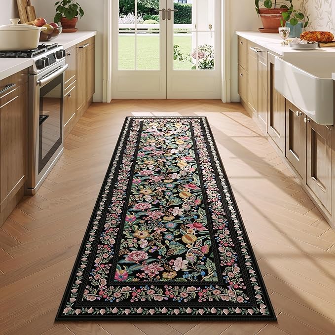 Runner Rug for Kitchen Rug Non Slip 2'6"x8' Washable Rugs with Rubber Backing Soft Vintage Floral Carpet Runner for Kitchen, Laundry, Bedroom, Bathroom, Black