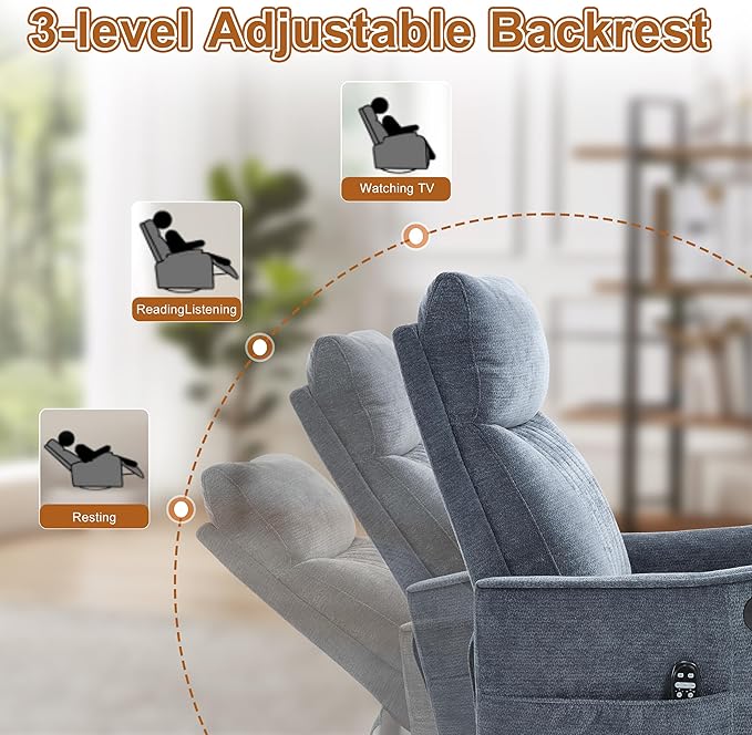 Manual Swivel Rocker Recliner Chair for Adults, Overstuffed Recliner Glider with Massage and Heat, Living Room Reclining Chair, Fabric Blue