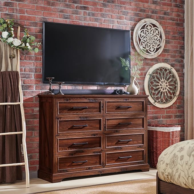 Farmhouse 8 Drawers Dresser Chests for Bedroom,52" Wide Wood Rustic Chest of Drawers with Metal Handle,Natural Texture,Drawer Organizer for Bedroom,Living Room,Hallway and Entryway,Brown