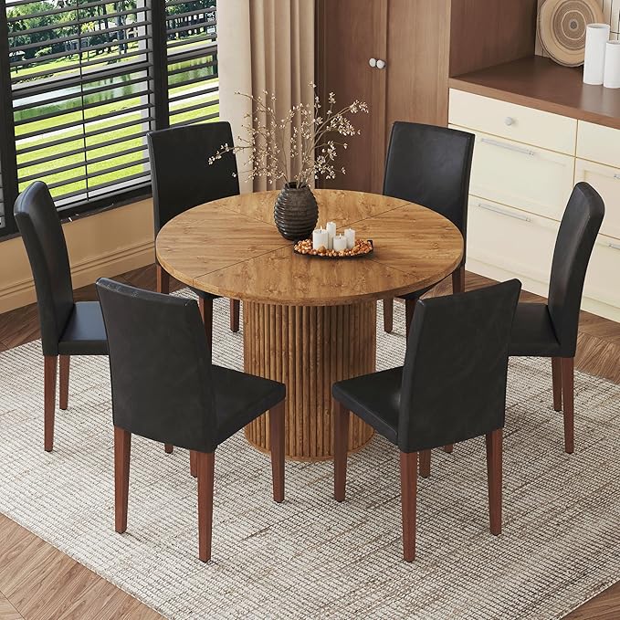 AZmac Round Dining Table Set for 6, Wooden Round Table 7-Piece with Modern Farmhouse Dining Table and 6 PU Leather Chairs for Kitchen Dining Room, Wooden Table + 6 Black High Back Chairs
