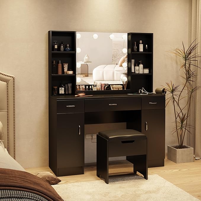 Makeup Vanity Table with Lighted Mirror & Outlets, Large Vanity Set Vanity Desk with Lots of Storage, 9 Drawers, 3 Lighting Modes Brightness Adjustable, 45inch