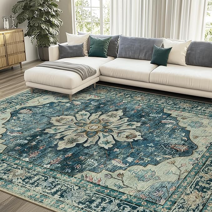 Area Rugs 9'x12' Washable Non-Slip, Floral Vintage Distress Print Pattern Medallion Carpet for Living Room Bedroom Dining Room, Dark Blue Vintage
