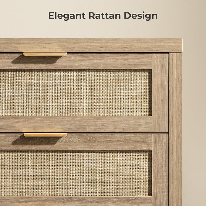SICOTAS Rattan Dresser for Bedroom, 57" Wide 6 Drawer Dresser with Ample Storage, Dressers Large Chest of Drawers, Closet, Boho TV Stand for Bedroom (Reclaimed Light Oak, 1 Piece)