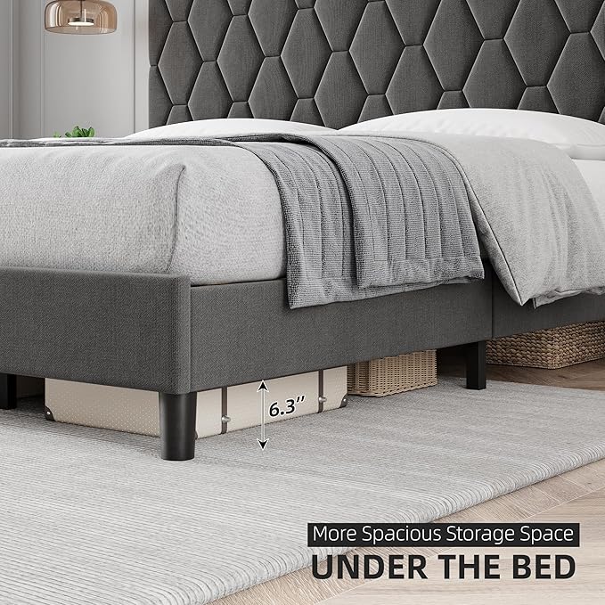 GAOMON Grey King Upholstered Bed Frame with Headboard, Heavy-Duty Platform Bed Frame with Strong Wood Slats, No Box Spring Needed/Easy Assembly/Noise Free