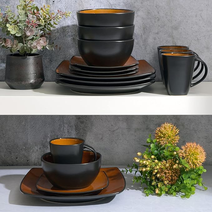 Gibson Elite Soho Lounge Square Reactive Glaze Stoneware Dinnerware Set, Service for 4 (16pc), Amber