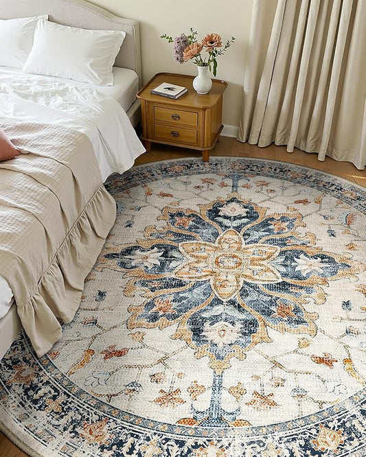 Area Rugs 8ft Washable Non-Slip, Floral Vintage Distress Print Pattern Medallion Carpet for Living Room Bedroom Dining Room, Beige Navy Blue Orange Colorful