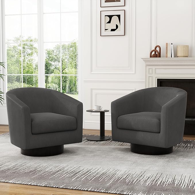 UIXE Swivel Accent Chairs Set of 2, Corduroy Barrel Club Chair Upholstered Armchair for Living Room, Round Arm Chair Bedroom Single Sofa Reading Seat - Gray