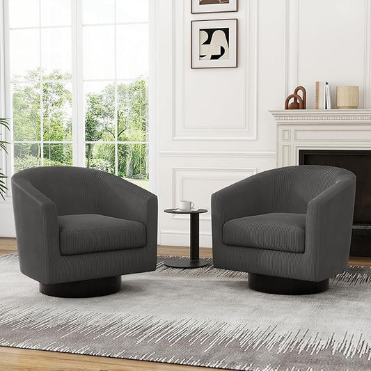 UIXE Swivel Accent Chairs Set of 2, Corduroy Barrel Club Chair Upholstered Armchair for Living Room, Round Arm Chair Bedroom Single Sofa Reading Seat - Gray